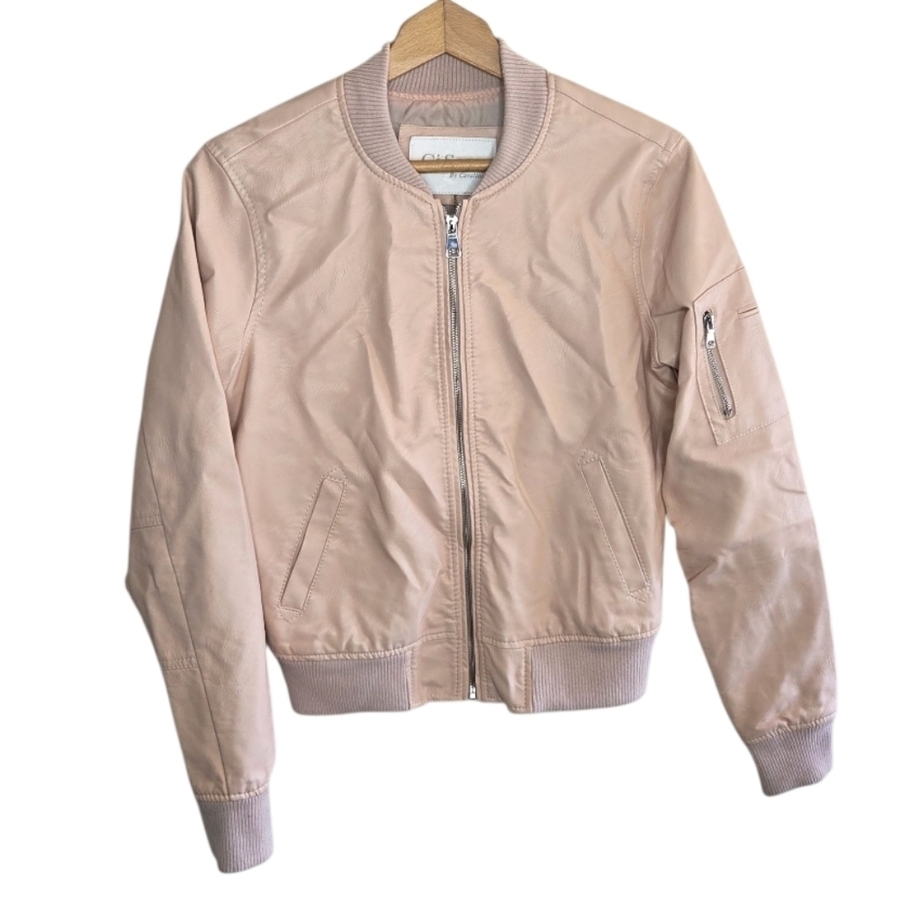Ci Sono by Cavalini Blush Pink Faux Vegan Leather Crop Bomber Jacket Size Small